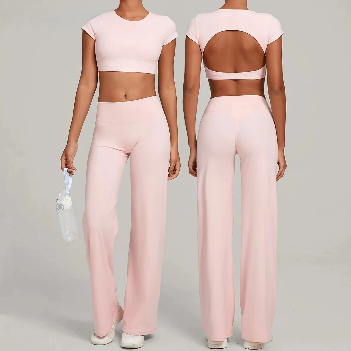 

Спортивные комплекты, 2 шт., женская рубашка для йоги с открытой спиной и короткими рукавами, без компрессионных брюк для фитнеса с прямыми штанинами