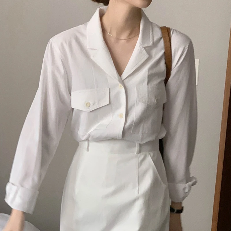 Casual Tailored Shirt Women's Long Sleeve Double Pocket White Summer New Design Korean Style Commute Pure Color Loose Fit