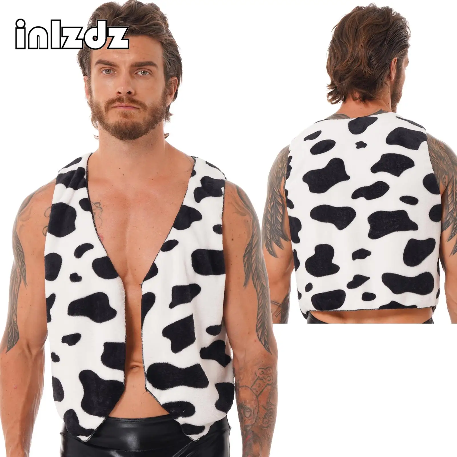 

Men Cow Print Vest Festival Christmas Costume Sleeveless Open Front Flannel Short Waistcoat Vintage Hippie Roleplay Costume Vest