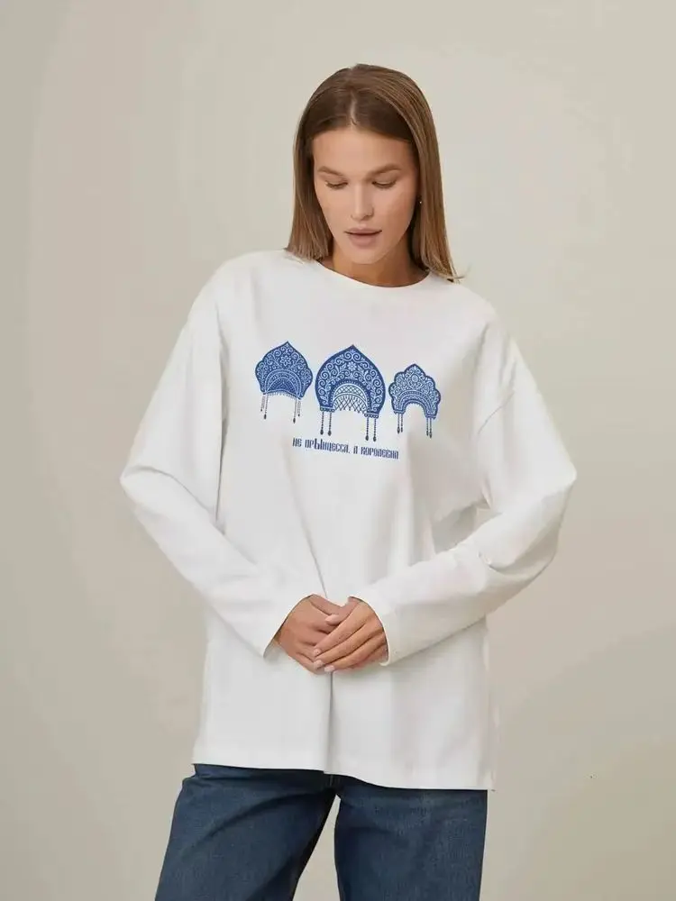 Estilo étnico russo impressão oversized t camisa feminina o pescoço manga longa solto moletom casual estilo russo moda topos 2025