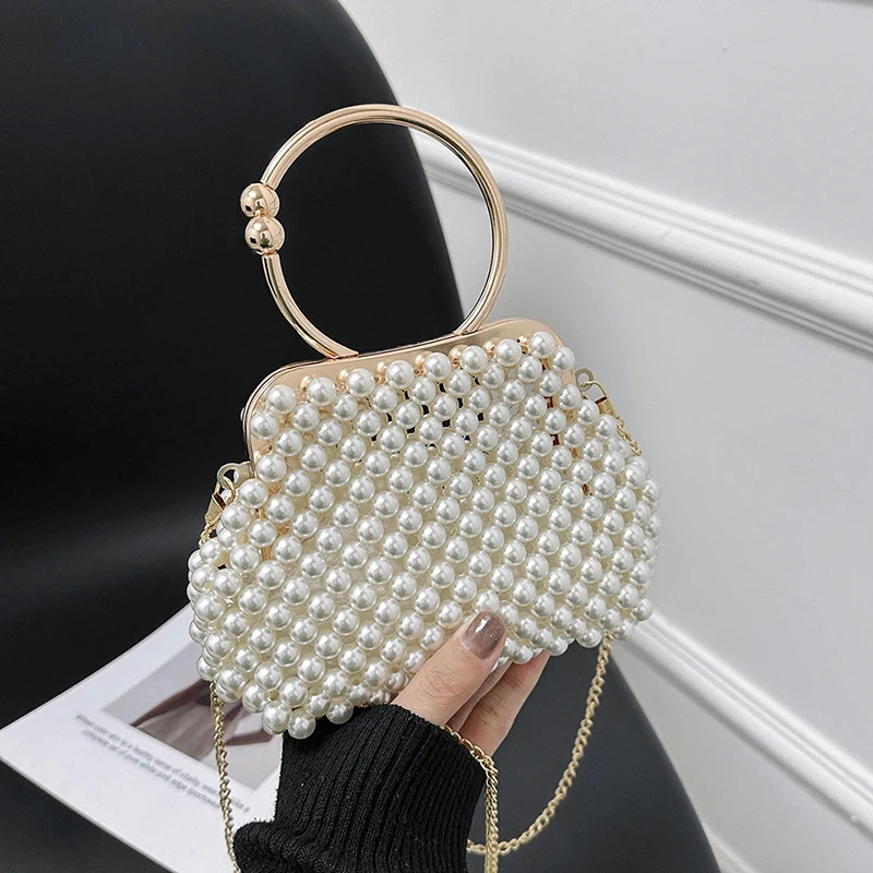 Round Ring Handle Pearl Evening Clutch Bag Luxury Bead Dinner Party Wedding Purse  Handbag Designer Shoulder Bag Hobo Hand Bag