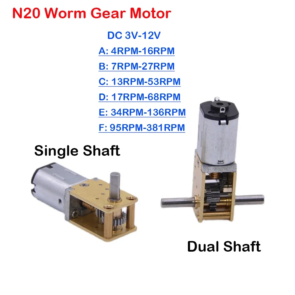 1PCS N20 All Metal Gear Motor Slow Speed DC 3V-12V 4RPM-381RPM High Torque Dual Axis Engine Worm Reduction Motor for Smart Robot