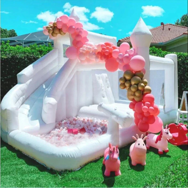 Casa de rebote blanca inflable comercial, castillo inflable para bodas al aire libre con combinación de rebote deslizante para fiestas y diversión, envío aéreo gratuito