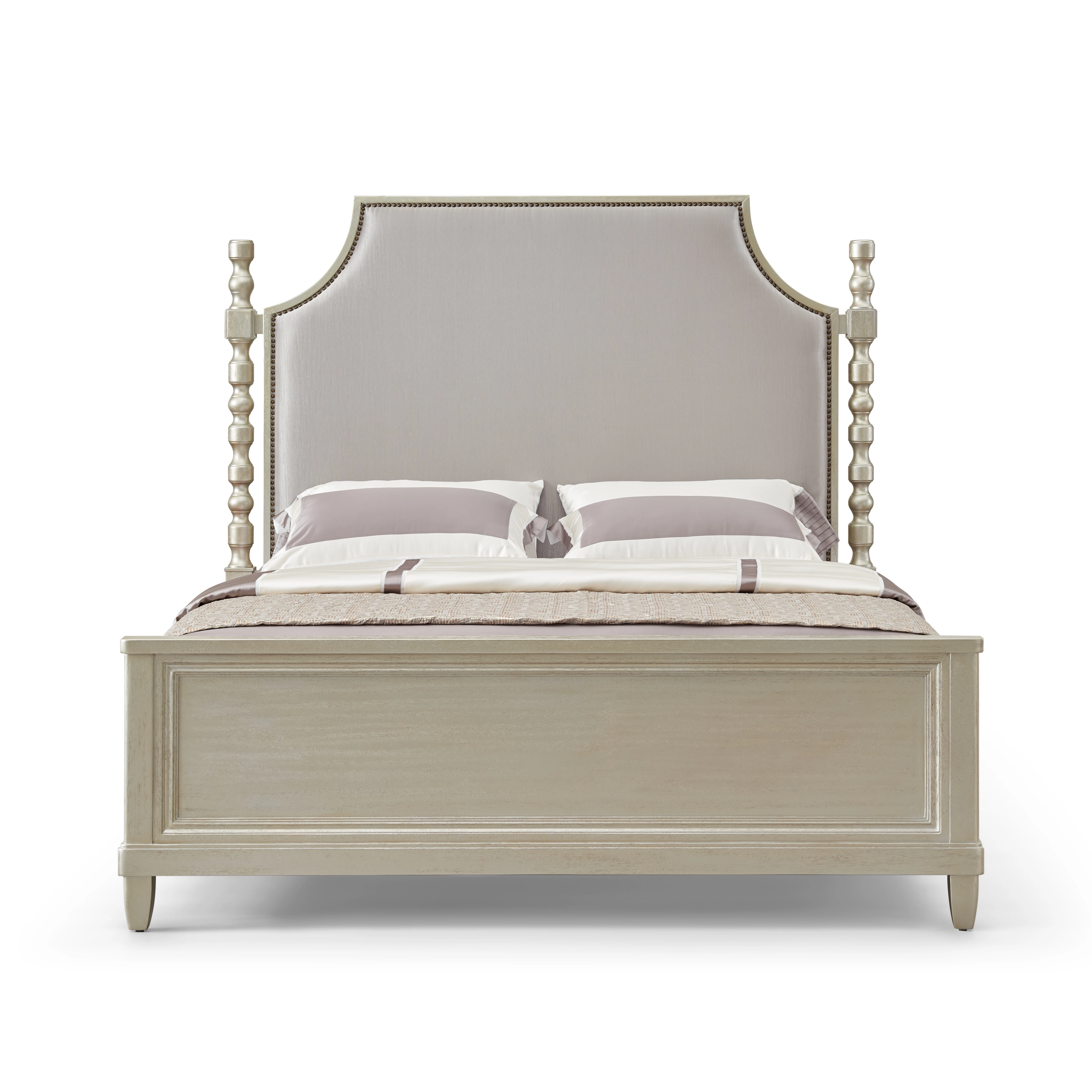 

!@American Light Luxury Solid Wood Bed with Upholstered Headboard King Size Classic Bedroom Bed Frame with Carved Bedposts
