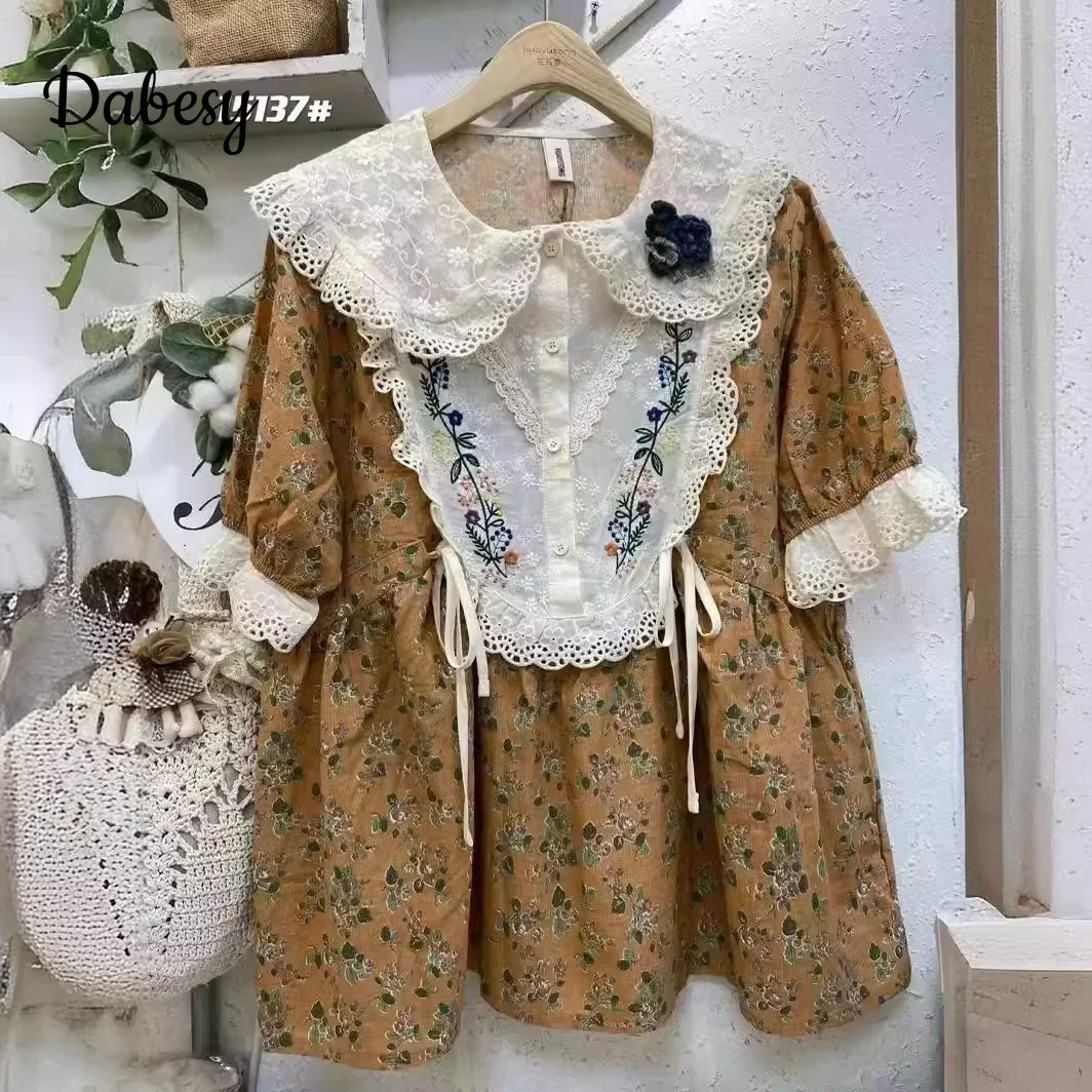 

Vintage Mori Girl Patchwork Flower Cotton Linen Shirt Women Sweet Peter Pan Collar Embroidery Lace-up Puff Sleeve Blouses Mujer