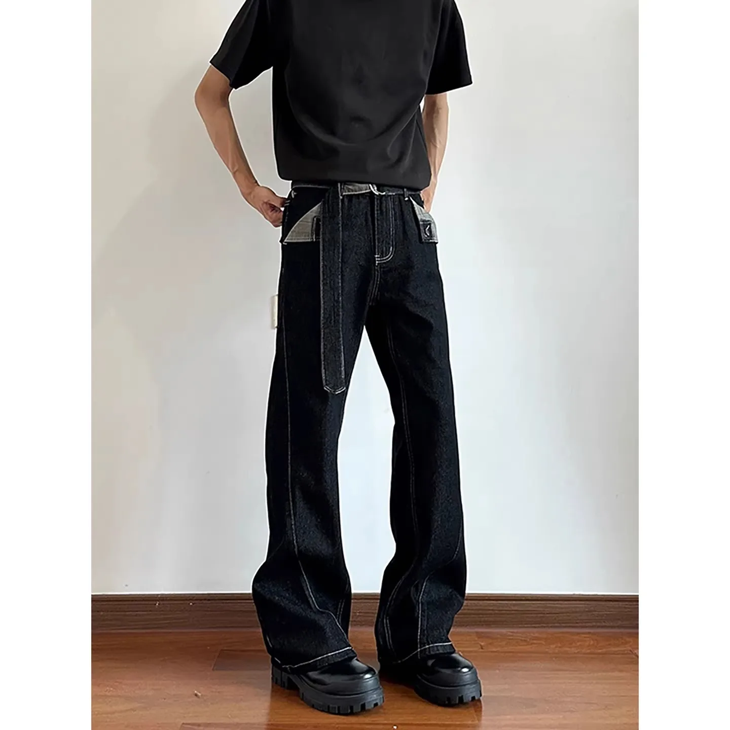 

Summer plus Size Men's Original Color Denim A-Line Wide Leg Pants Straight Micro Flared Knife Jeans Casual Straight Fit