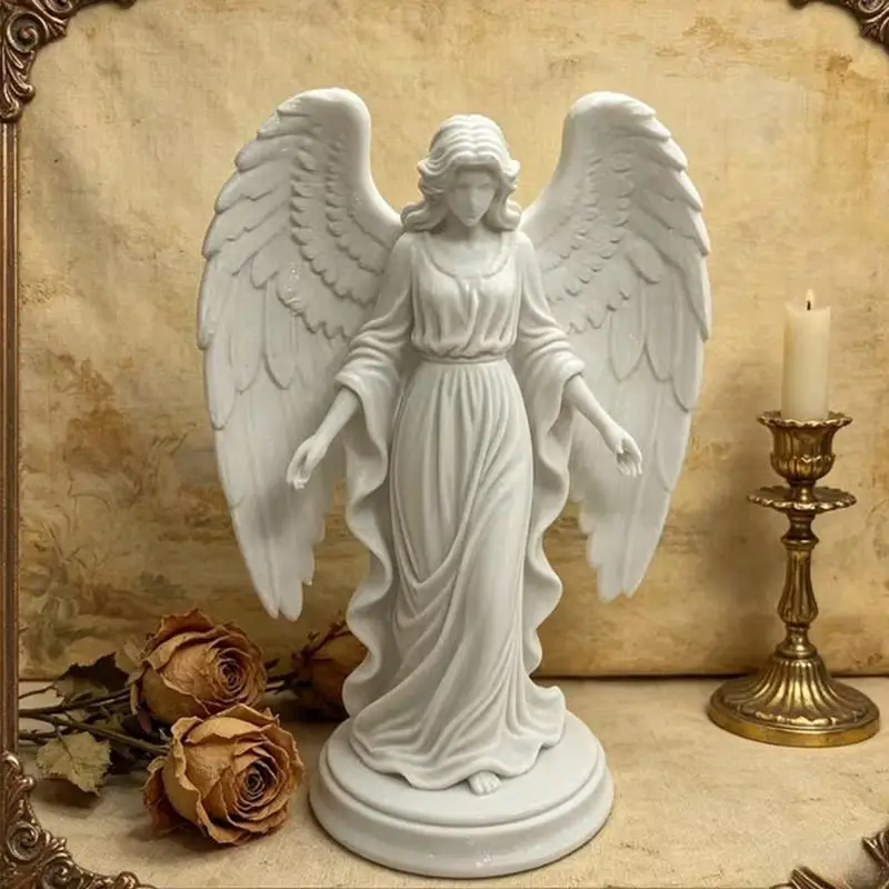 3D Printed White Angel Statue Exquisite Wings Matte Finish Resin Figurine for Home Living Room Decor and Shelf Display Ornament
