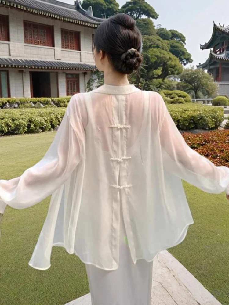 

Новая китайская легкая летняя полупрозрачная шифоновая куртка с длинными рукавами, дышащая, на пуговицах, приталенная, верхняя одежда