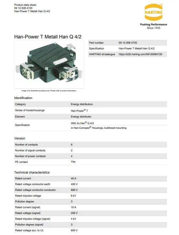 09120084720 HARTING 6-pin Han-Power T Metall Han Q 4/2