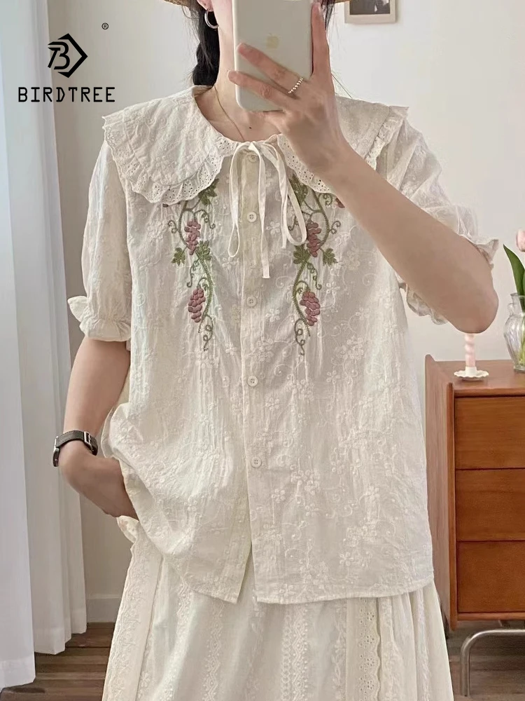 

New 2025 Summer Cotton Short Sleeve Shirt, Women Peter Pan Collar Embroidery Lace, Mori Girl French Sweet Loose Blouse T56322CC