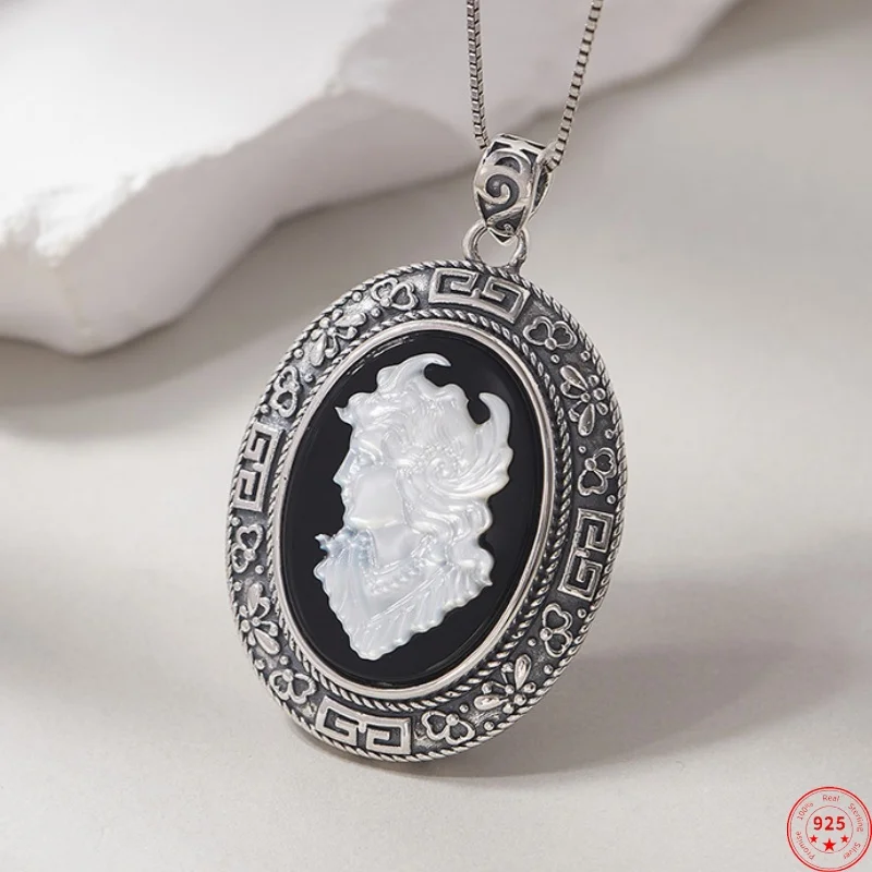 S925 Sterling Silver Charms Pendants for Women Men New Fashion Emboss Pattern Black Agate Queen's Portrait Jewelry Free Shipping