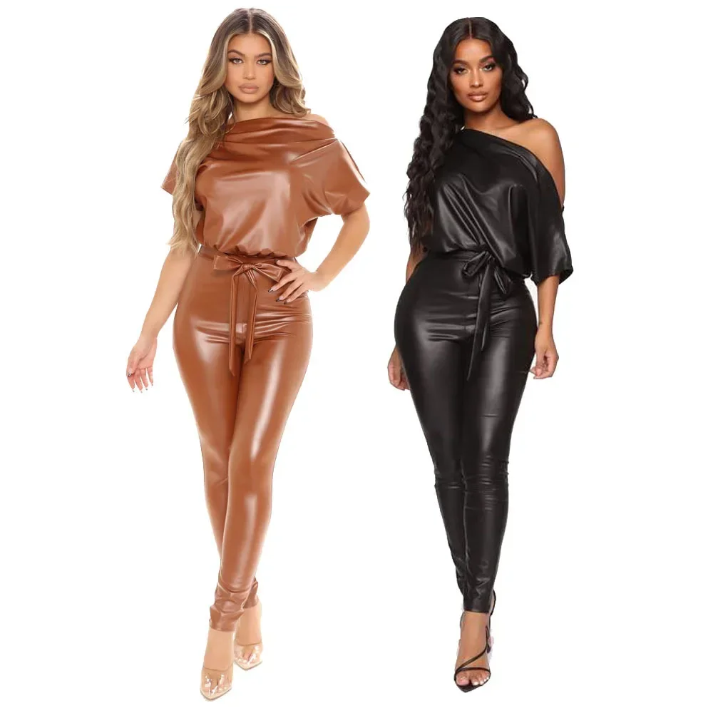 

Women Elastic PU Jumpsuits Fashion Sexy Faux Leather New Lace-up Slanted Shoulders Lady Street Skinny Solid Long Rompers