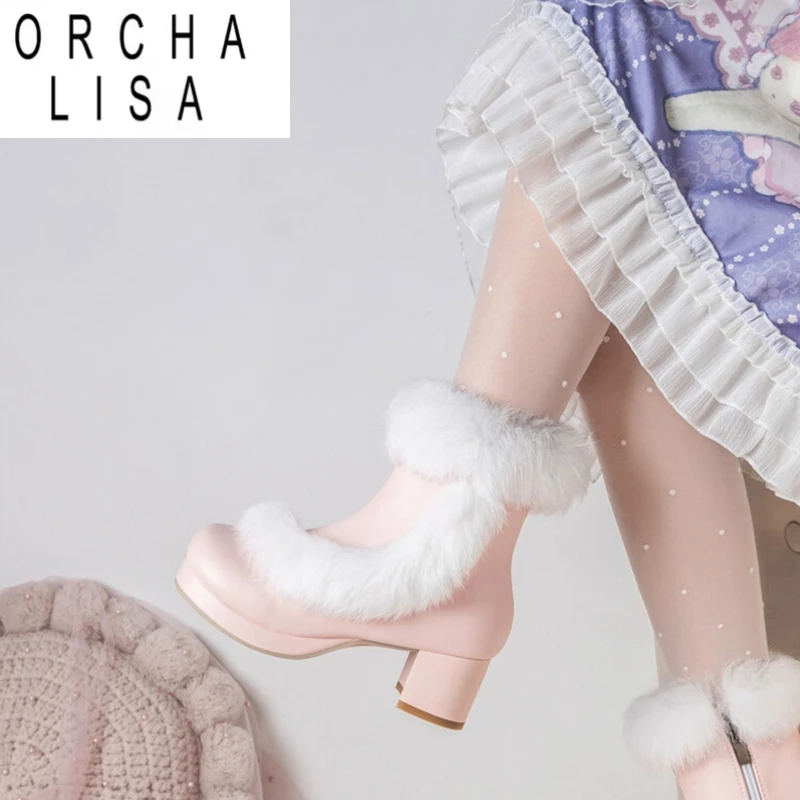 

ORCHA LISA 2024 Sweet Cute Fur Ankle Snow Boots Острый носок 5 см на блочном каблуке Большой размер 45 46 47 48 US17 US12 Обувь