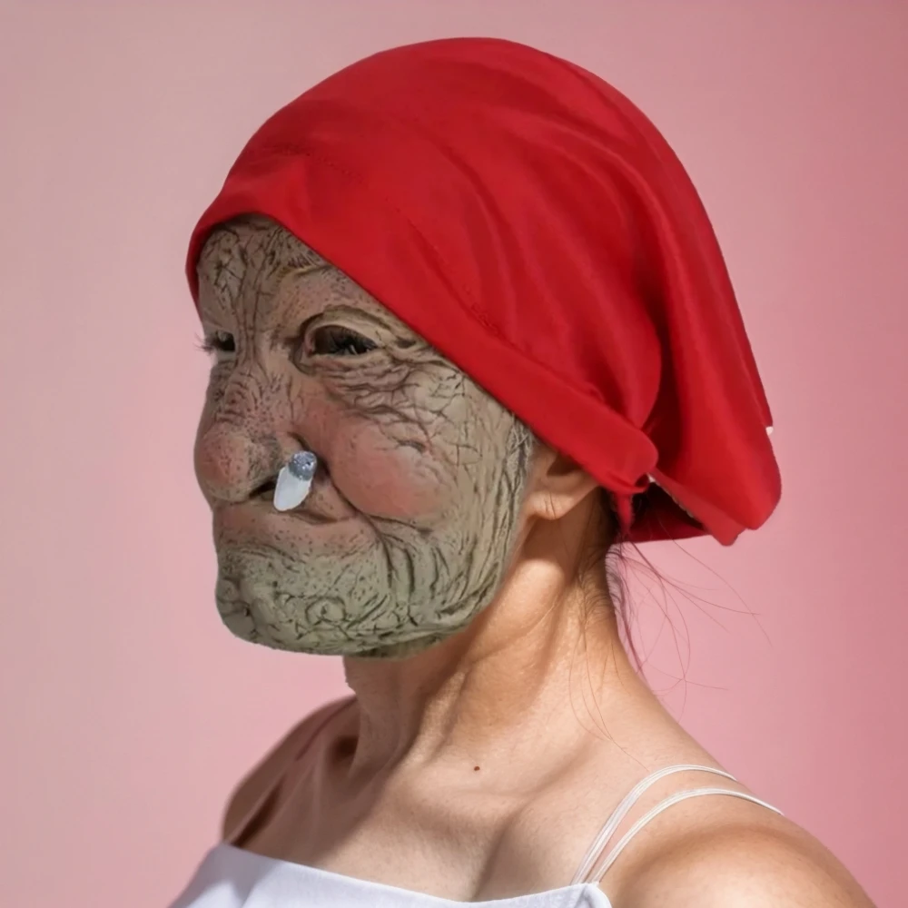 Smoke Grandma Realistic Old Women Face Mask Halloween Horrible Latex Mask Scary Full Face Head Creepy Wrinkle Face Cosplay Props