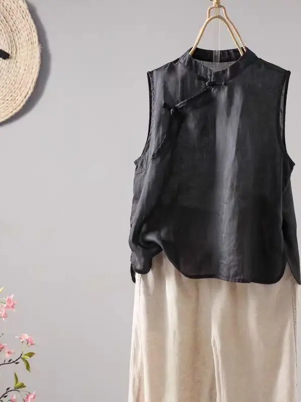 レトロ芸術的な襟付きサイドボタンノースリーブ女性のベスト夏無地オーバーヘッド唐スーツ痩身トップ