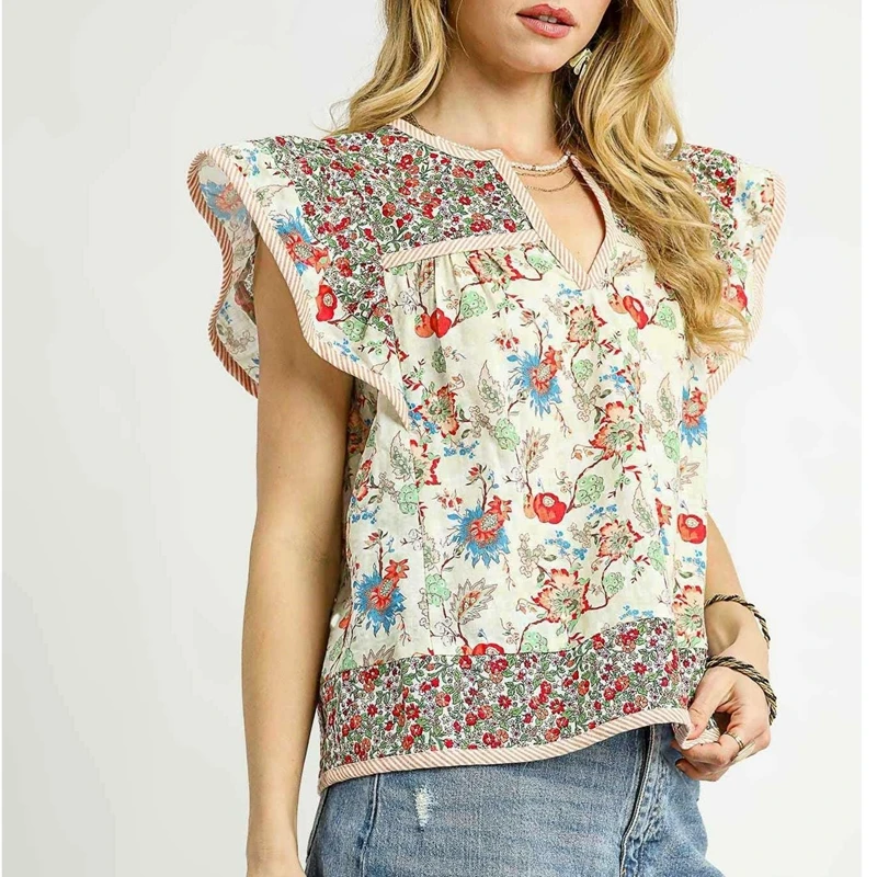 

Combhasaki женская летняя складная стильная укороченная рубашка с цветочным принтом контрастного цвета и v-образным вырезом, свободная блузка с рюшами и рукавами-крылышками Y2K