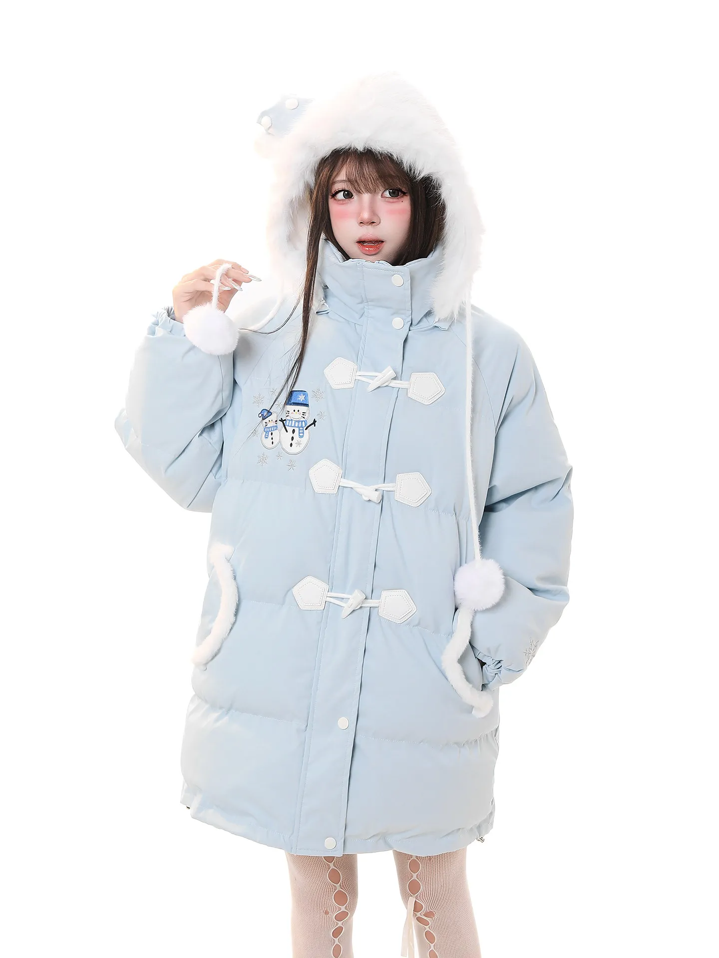 

Cute Fluffy Hooded Cotton Jaet Women's Winter Mid-Length Lazy Loose Casual Warm Cotton Coat Outerwear Sweet Sle
