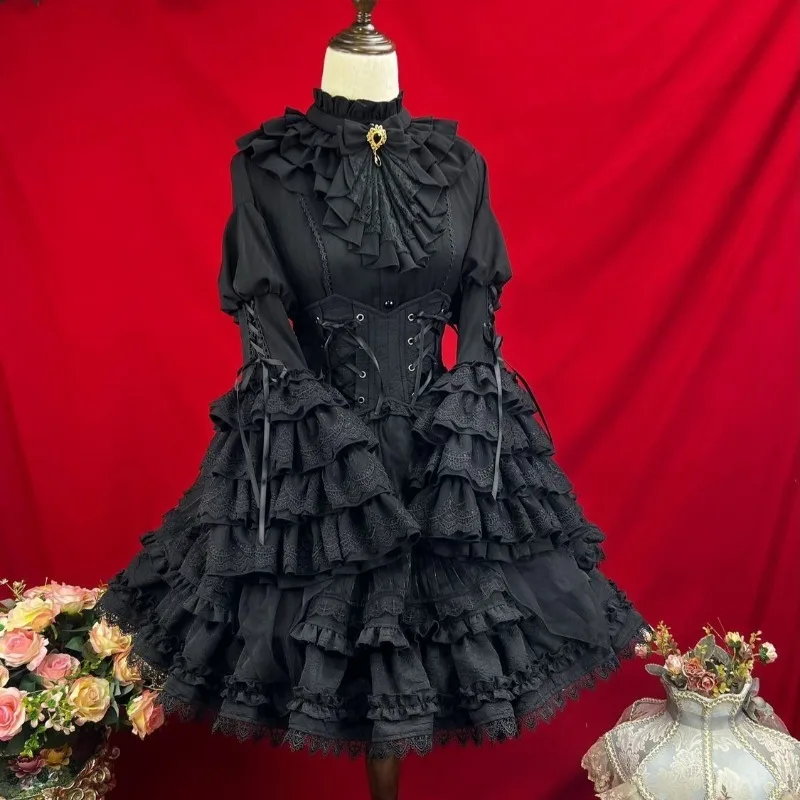 

Dark Gothic Vintage Lolita Suits Long Ruffle Flare Sleeve Lace Shirt Cake Skirt Belt Sets Women Halloween Party Cosplay