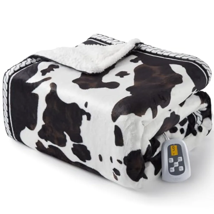 

Heated Electric Blanket Twin Size Cow Print Fast Heating Throw Blankets with LCD Controller 10 Heat Levels and 1-12H Time Setti