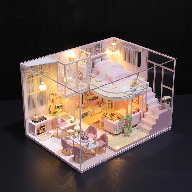 Mini casa de muñecas de madera, Kit de casa DIY hecho a mano, producción de apartamentos dúplex, rompecabezas 3D, ensamblaje, modelo de construcción, juguete, regalos para niños