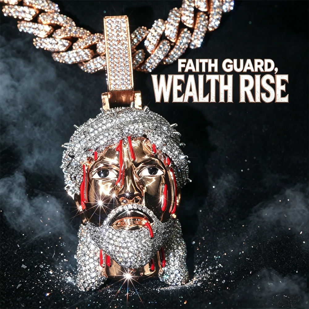 Hip Hop Thorny Crown Bleeding Jesus Pendant Necklace Red Enamel Blood Detail 3D Religious Face Bling Cuban Chain Accessories Mens Street Rap Jewelry Shiny Club Party Fine Jewelry Gifts for Men Boy Friends Cubic Zirconia 18K Electroplated Gold Plated