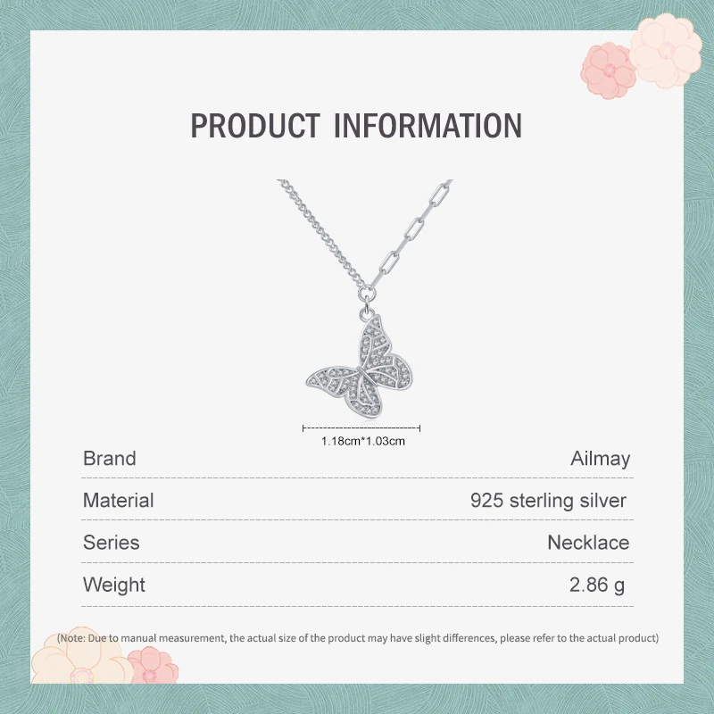 Ailmay Charm Butterfly Pendant Necklace 925 Sterling Silver Clear Zircon Necklace For Fine Female Fashion Korean Jewelry