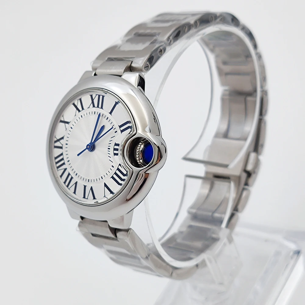 Orologio da donna da 33 mm, cassa curva convessa senza logo, quadrante romano, adatto per accessori per movimento automatico Cartier NH05 con palloncino blu