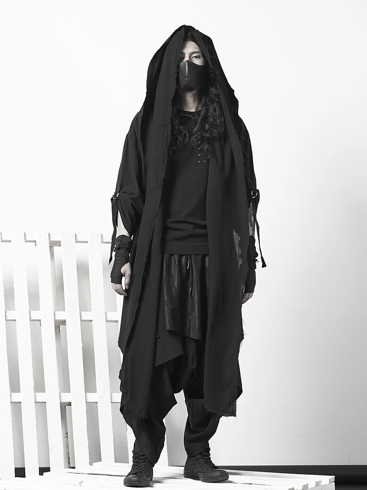 Cloak Trench Coat Thin Cloak Coat Hooded Personality Original Menswear Trend Gothic Over-the-Knee Robe Trench Coat