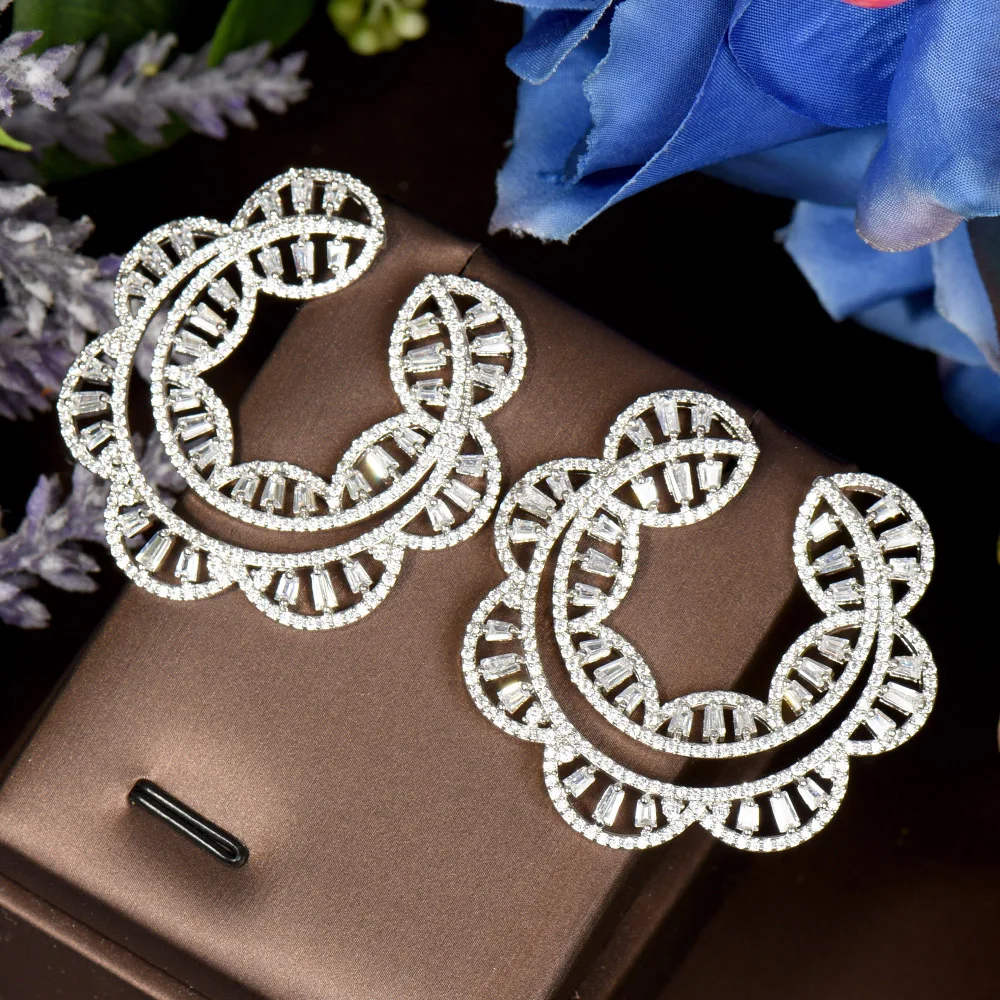 

HIBRIDE Trendy Cubic Zircon Crystal Circle Round Big Flower Stud Earring For Women Bridal Wedding Party Jewelry Acessories E-465
