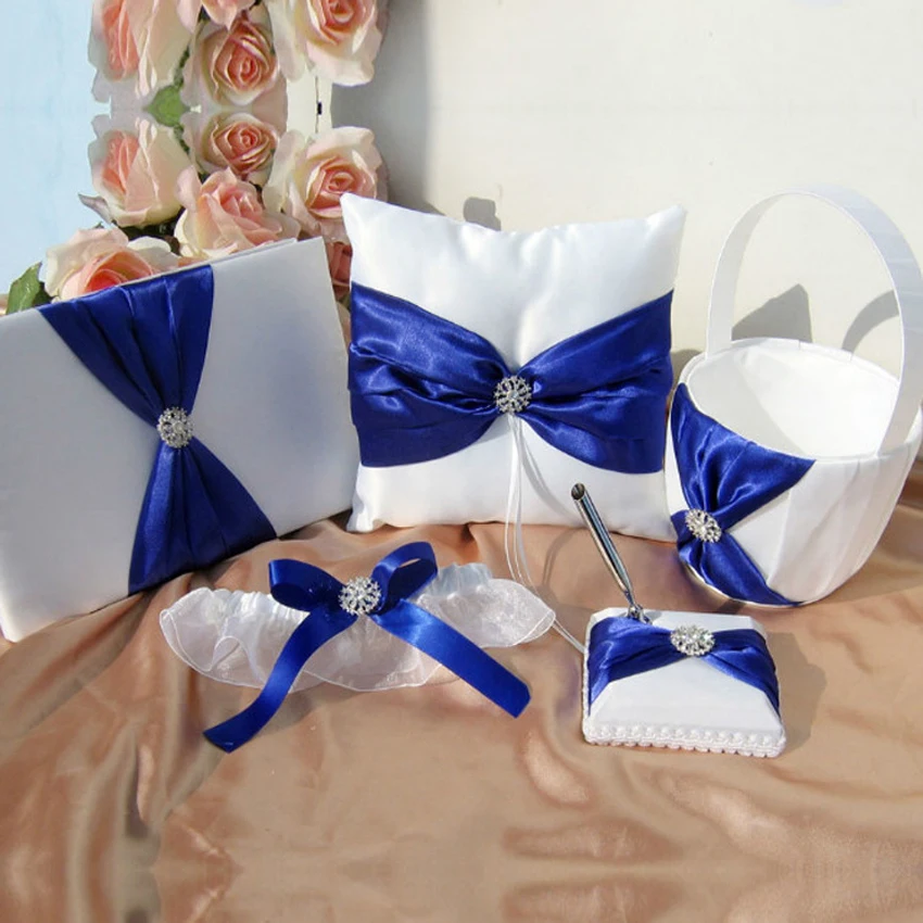 5Pcs/Set Violet Satin Wedding Supplies Ring Pillow Flower Basket Garter Guest Book Pen Set Wedding Decoration Accessories