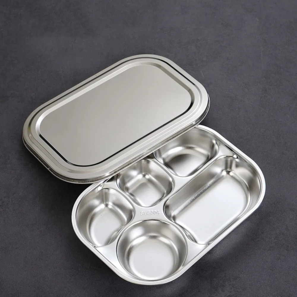 

Разделенный обеденный поднос с 4/5 отделениями из нержавеющей стали 304, разделенная обеденная тарелка с крышкой, утолщенная школьная тарелка для еды, столовая
