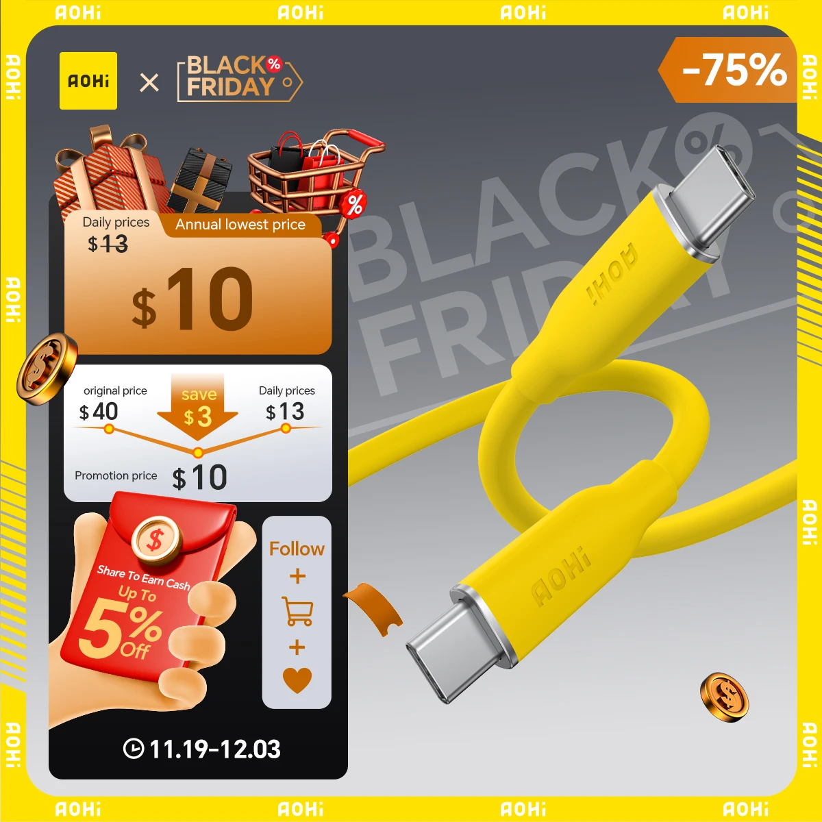 

AOHI 140W PD 3.1 USB C to USB C Fast-charging Silky Cable 3.3ft