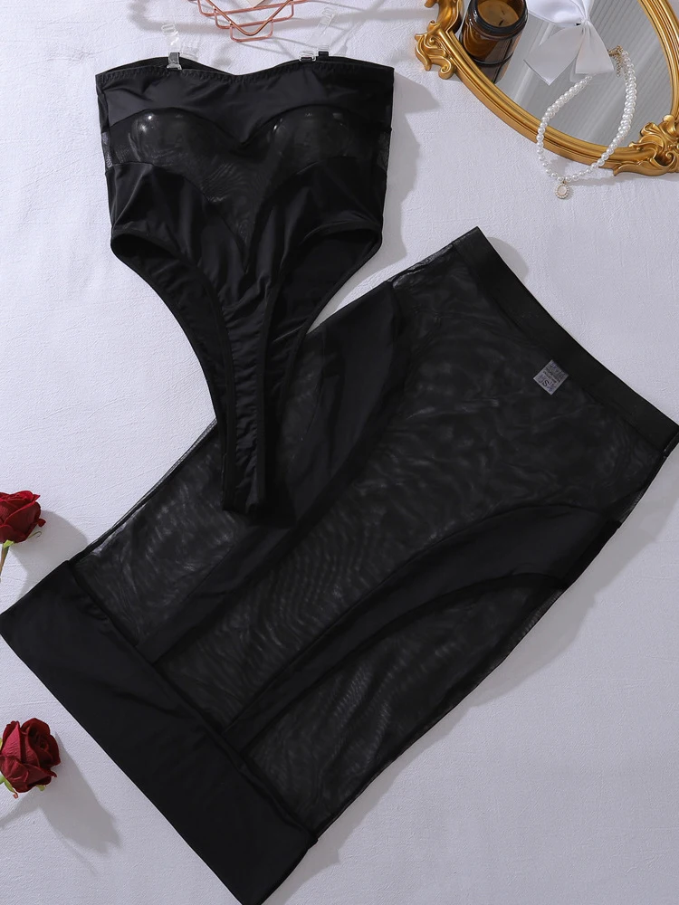 Fashionable See-Through Mesh Jumpsuit Sexy Lingerie Two-Piece Set Fitted Skirt Trendy Transparent Clothing for Women