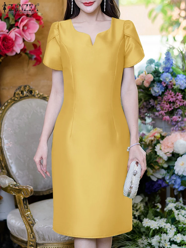 Zanzea gracioso commute curto robes femme com decote em v fino ajuste das mulheres pétala manga na altura do joelho vestidos elegantes de festa de cetim