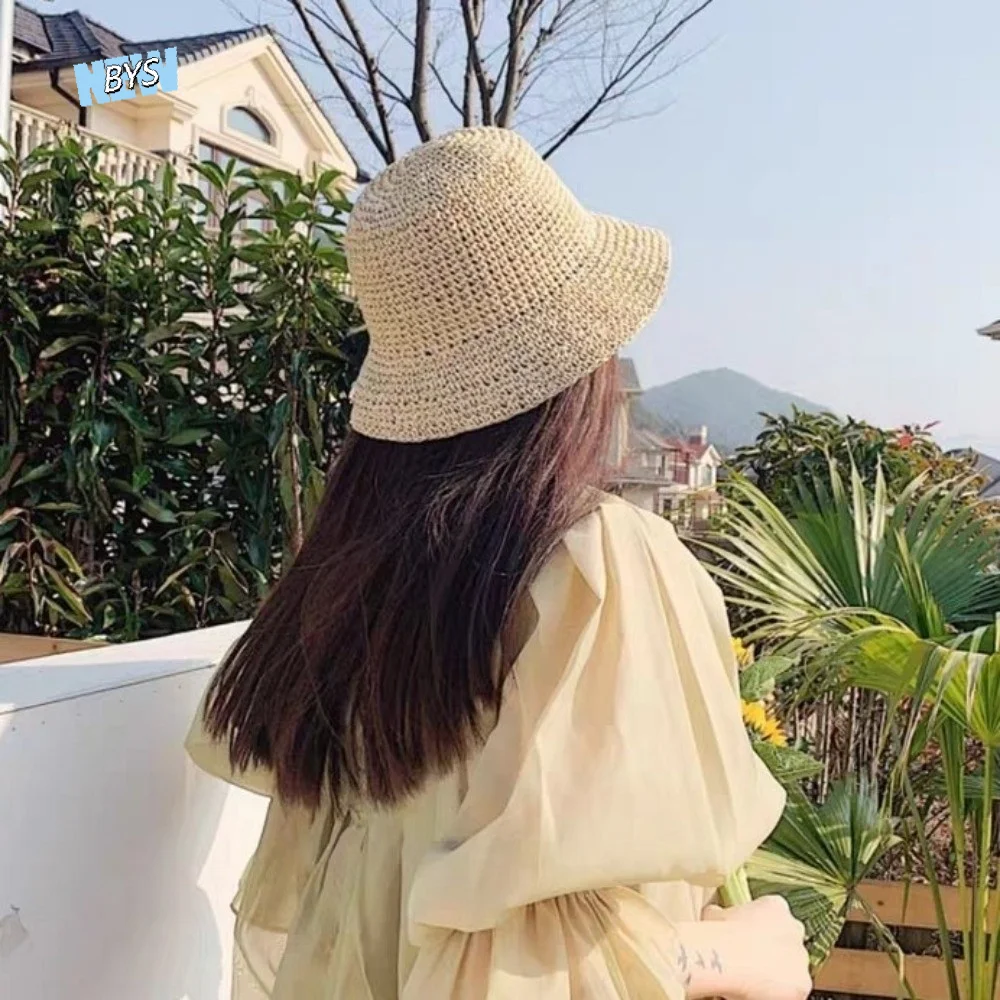 

Retro Woven Women Sun Hat Korean Style Breathable Straw Fisherman Hat Visor Cap Foldable Bucket Hat Vacation