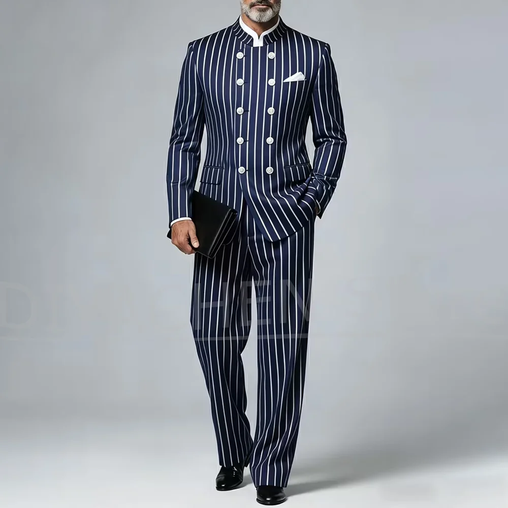 

Men Striped Suit 2 Piece Mandarin Collar Double Breasted Wear Blazer And Pants Chic Formal Business Casual Party Male Suit