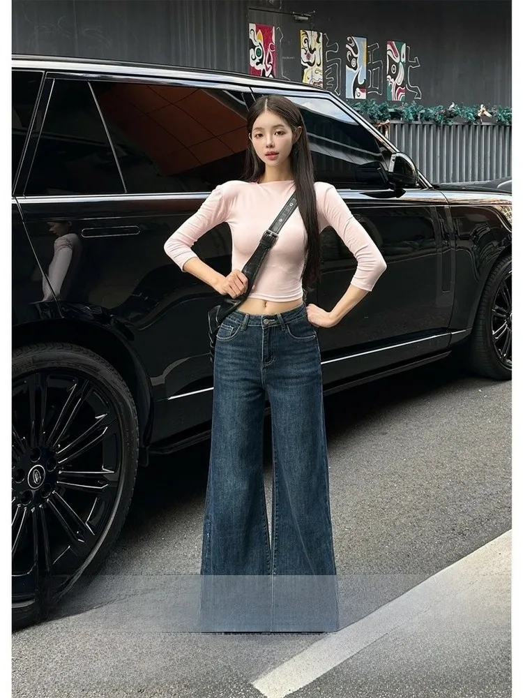 

Тонкие джинсы с высокой талией в американском стиле High Street в стиле ретро, женские осенне-зимние новые расклешенные прямые брюки Sle Pear Ape