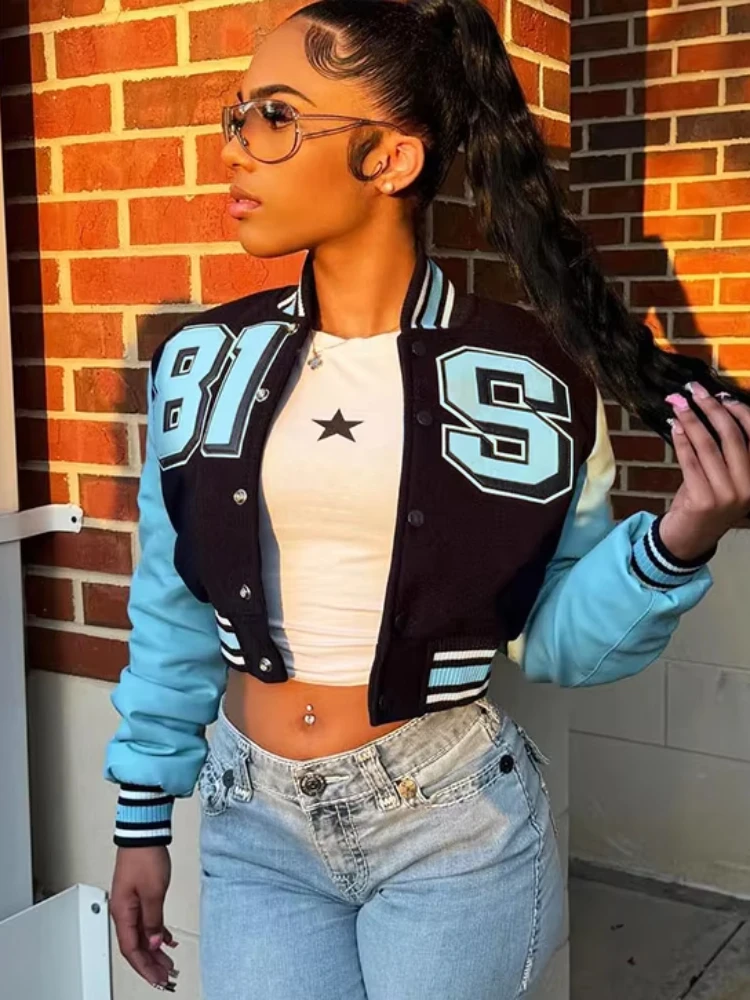 

Nibber Спортивная куртка женская контрастная лоскутная бейсбольная осенняя трендовая однобортная куртка с буквенным принтом и длинными рукавами в повседневном стиле