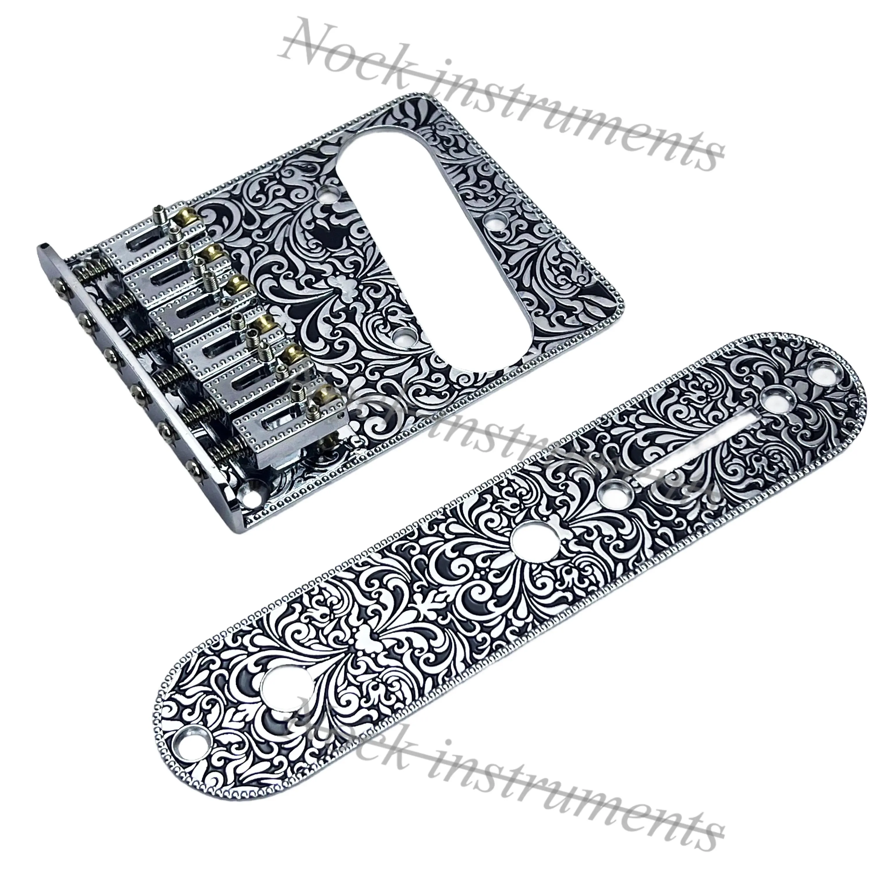 Roller Saddle Bridge and Control Plate for TL Electric Guitar with Carving Decorative Pattern Strings Through Bridge, 6 Strings