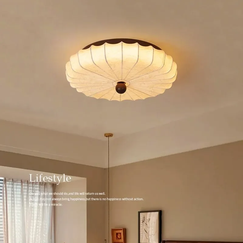 for Solid Wood Ceiling Light Medieval French Retro Japanese Round Fabric Lamp American Style Bedroom Living Room Lighting