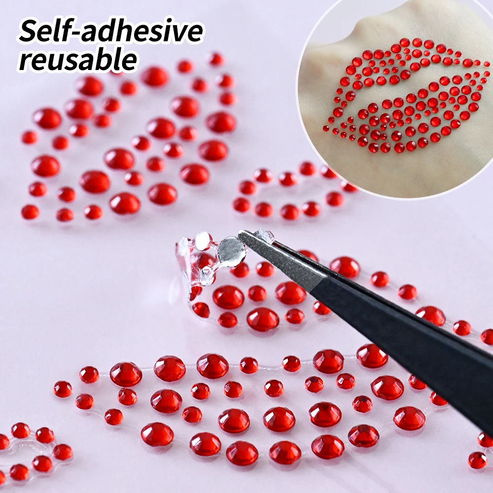 1 Sheet Red Lip Gems Self-Adhesive Face Jewels Stickers 3D Festival Kiss Jewels for Valentines Makeup Face Rhinestone Stickers - view 6