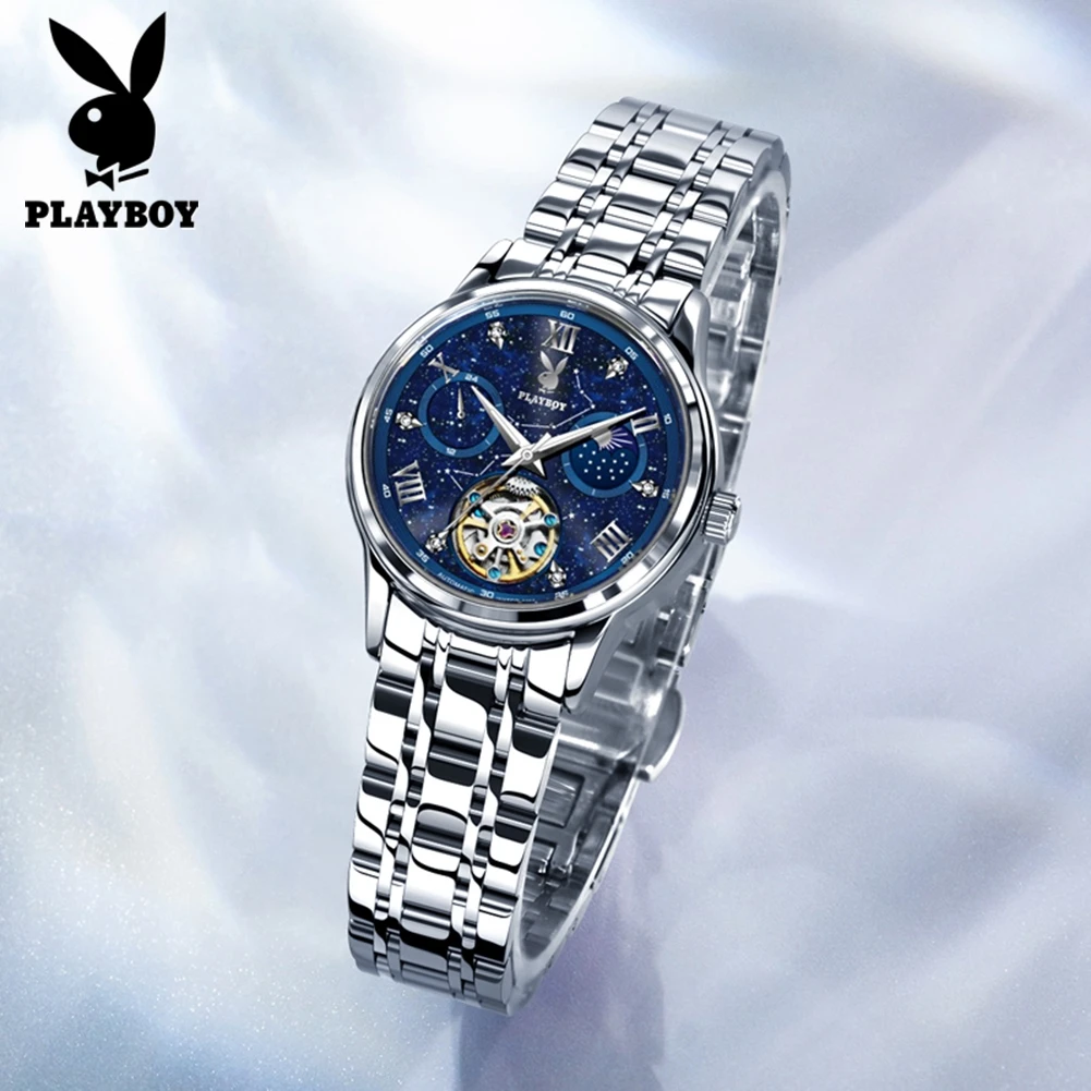PLAYBOY 3057 Mechanical Movement Women Watch Stainless Steel Starry Sky Skeleton Flywheel Moon Phase Luxury Brand Ladies Watch