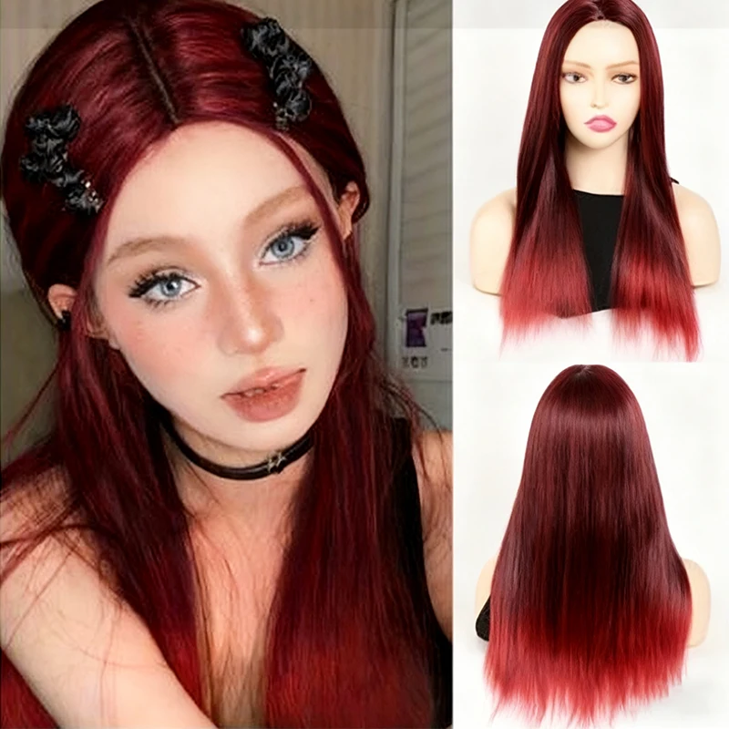 

Парик окрашенный и смешанный цвет, полное покрытие головы, длинные прямые волосы, диагональная разделенная челка, имитация головы