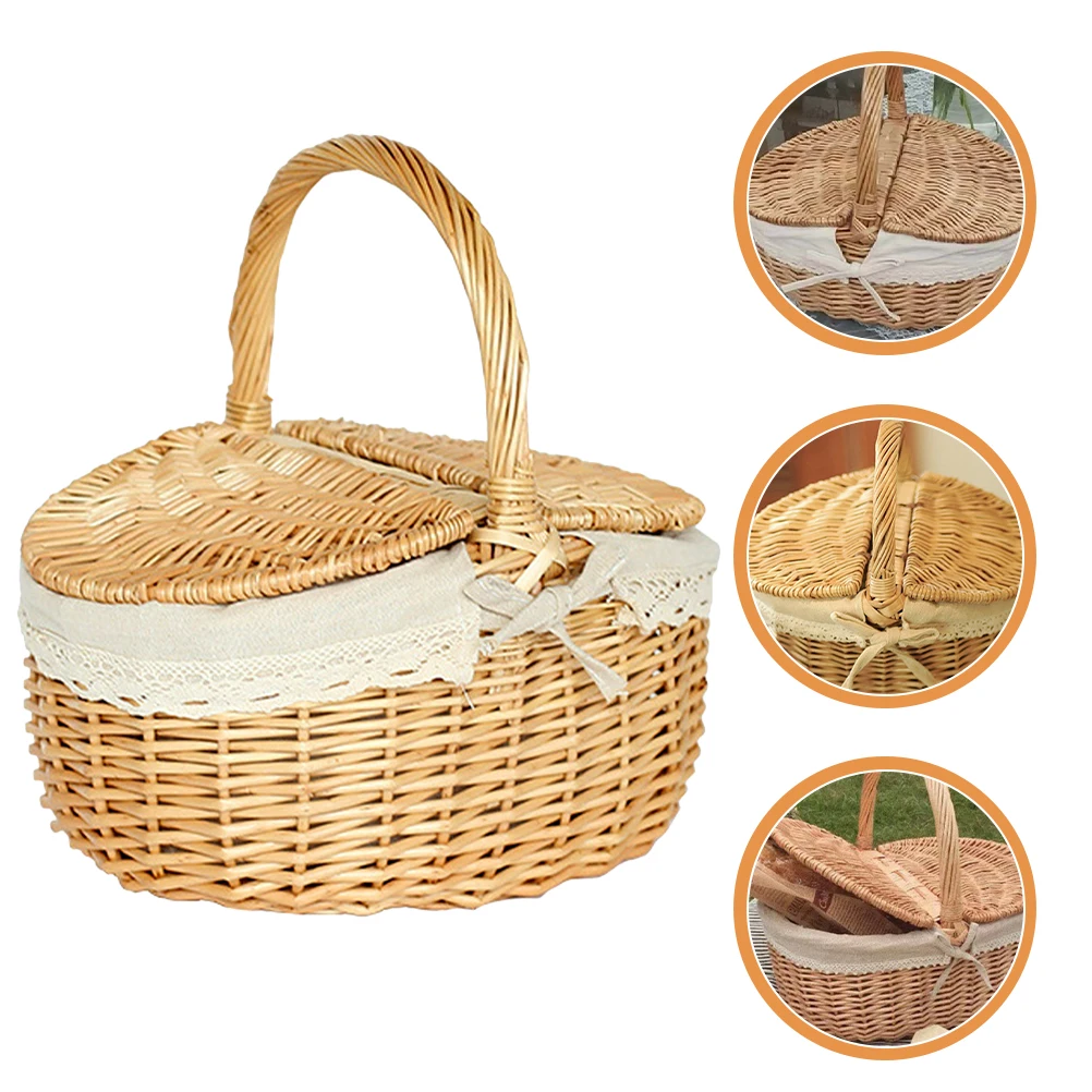 

Wicker Handmade Basket White Potable Basket Liner Large Storage Hampers Portable Outdoor Vintage Shopping Baskets