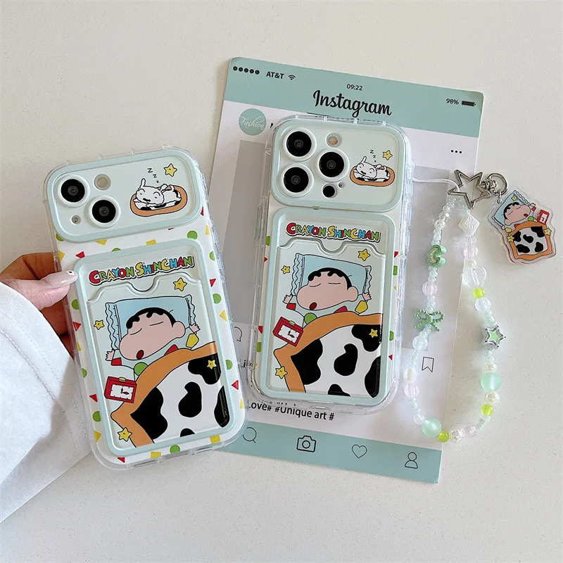 Funda de teléfono con bolsillo tipo billetera para tarjetas Shin-chan con crayón de sueño de dibujos animados para iPhone 15 14 13 16 Pro Max con cadena para la muñeca cubierta a prueba de golpes