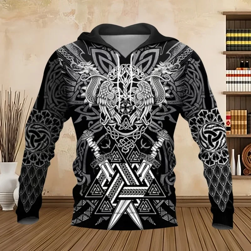 2026 Men's Fashion 3D Art Viking Pattern Tattoo Print Classic Retro American Street Y2K Top-Level Men's Clothing Hoodie