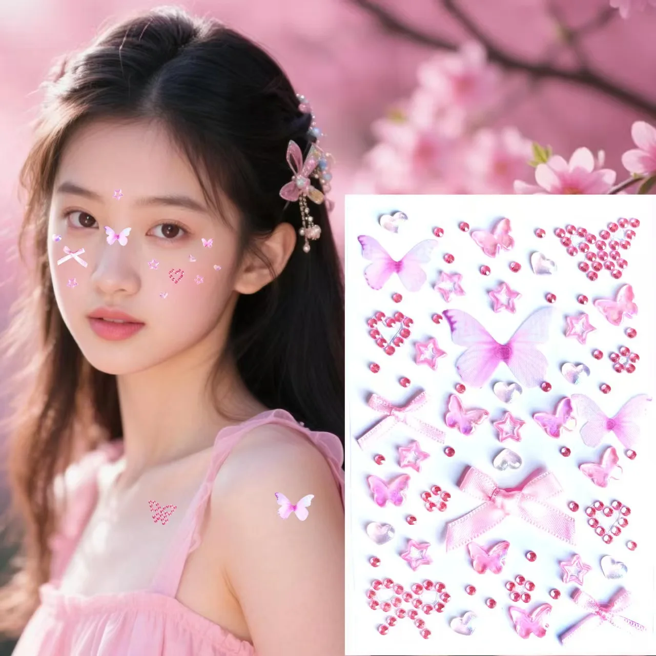 

Music Festival Face Stickers Aurora Butterfly Tulle 3D Diamond Bow for Performance Shiny Makeup Decoration Craft