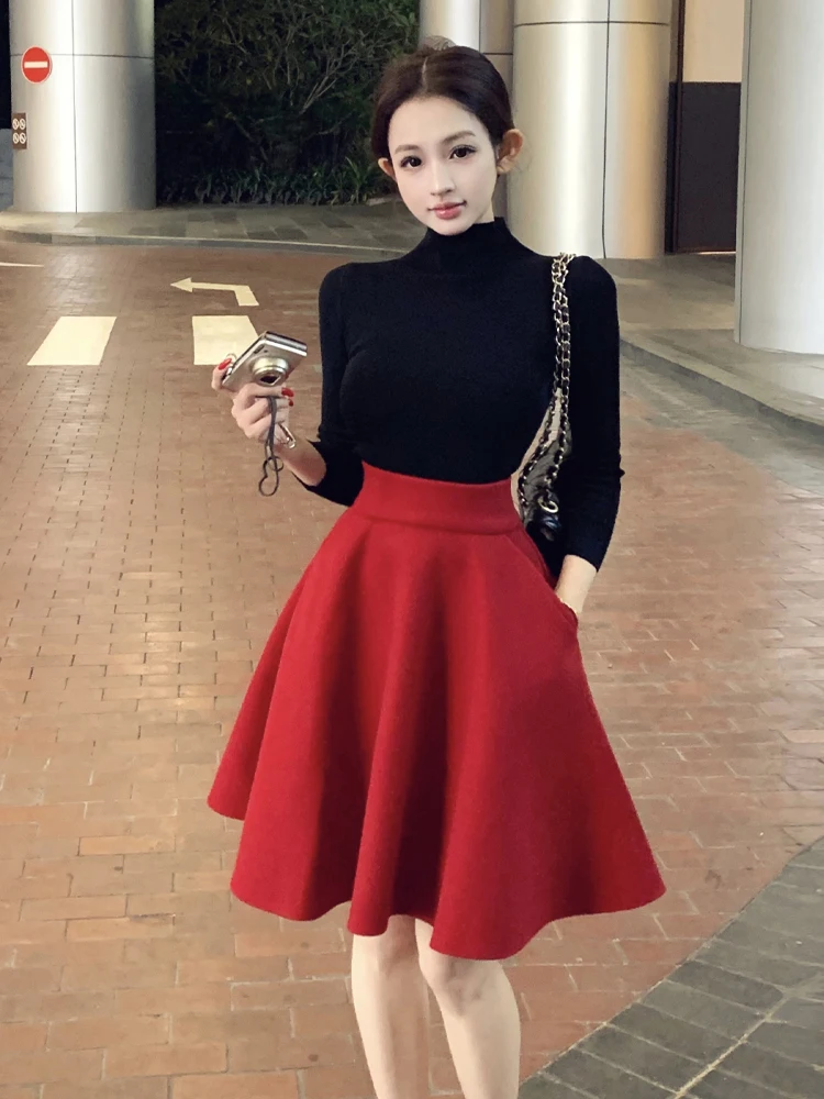 

Сексуальная длинная юбка-трапеция с высоким воротником и высокой талией, однотонная трикотажная зимняя мода...