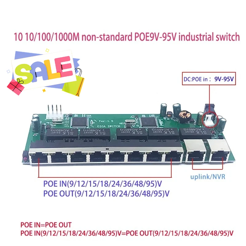 10 port 1000M gigabit switch Non standard 8POE 9V/12V/15V/18V/36V/48V/96V,2UPLINK Lightning and Static Protection