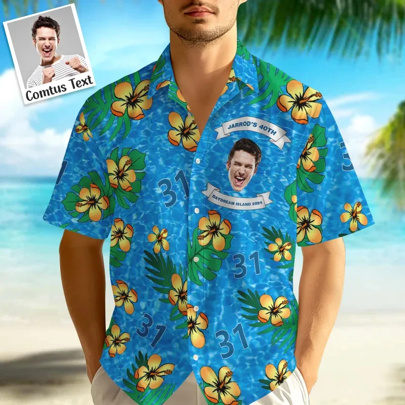 

Custom Birthday Hawaiian Shirts Happy Birthday Party Personalized Face & Age Short Sleeve Funny Gift Blouses Bachelor Party Tops